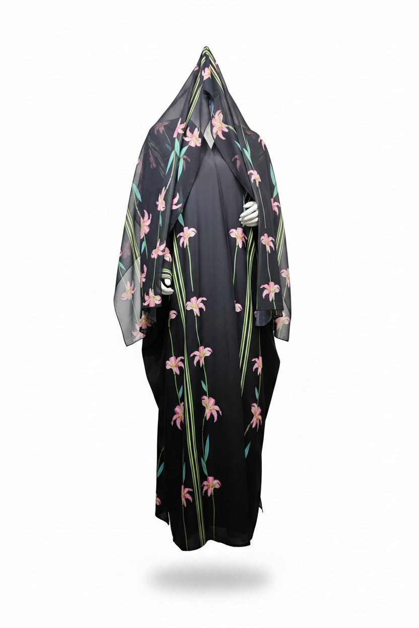 NOCTURNA FLORAL black floral embroidered abaya with navy hijab – LAYLADA abaya