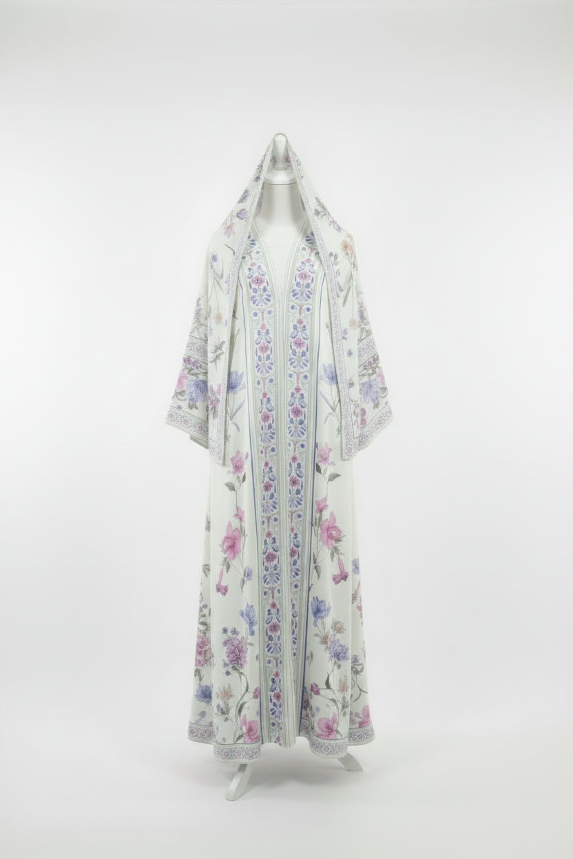 jasmina pearl cream abaya with multicolor botanical print and coordinating accessories – laylada abaya