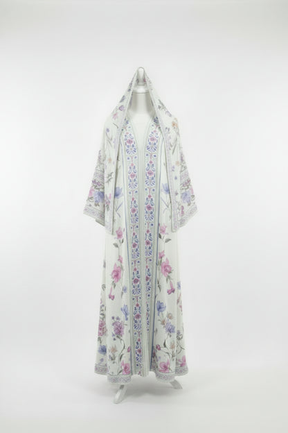 JASMINA PEARL cream abaya with multicolor botanical print and coordinating accessories – LAYLADA abaya