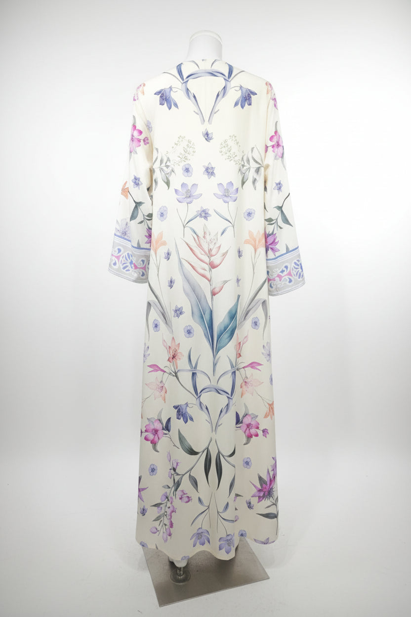 jasmina pearl cream abaya with multicolor botanical print and coordinating accessories – laylada abaya