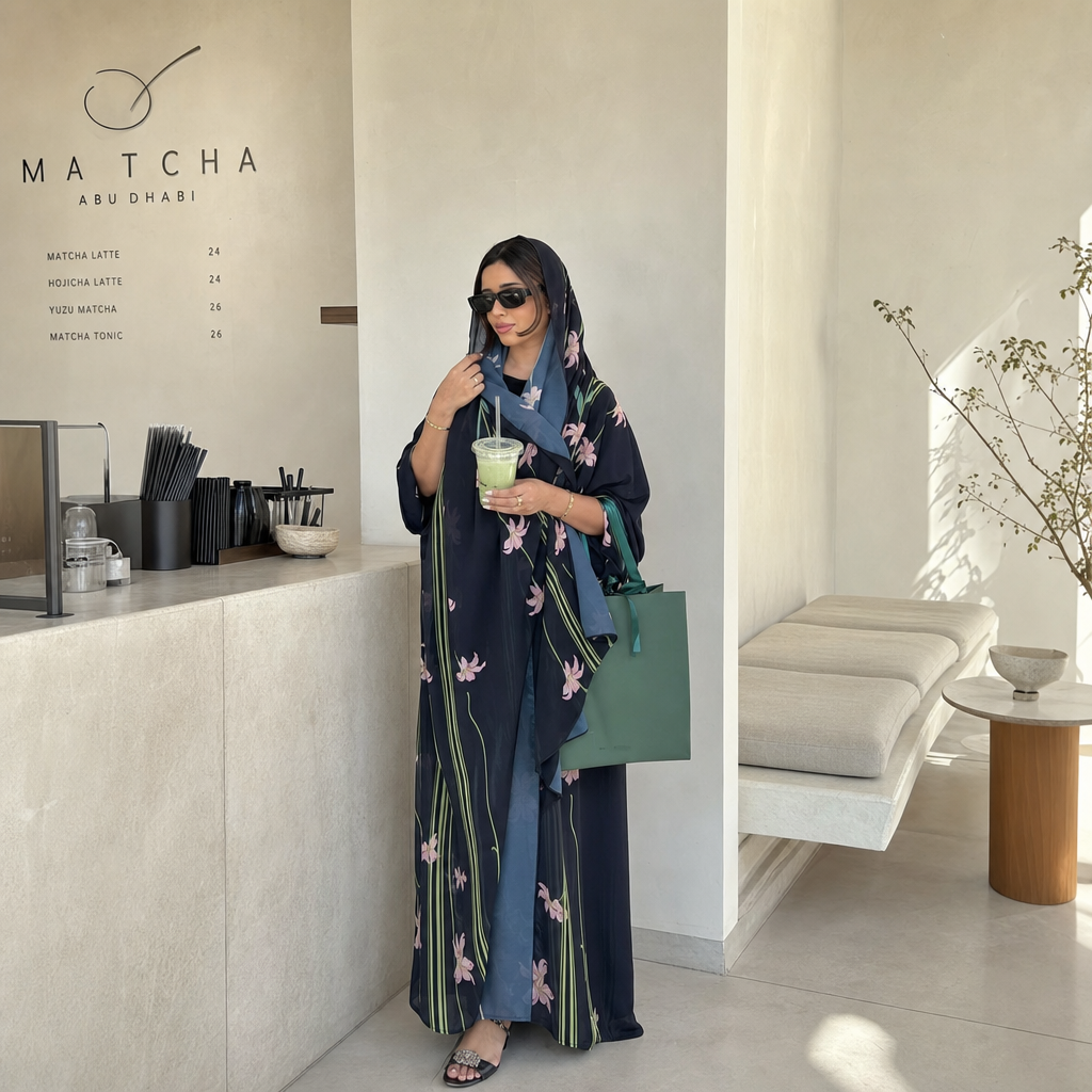 NOCTURNA FLORAL black floral embroidered abaya with navy hijab – LAYLADA abaya