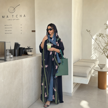 NOCTURNA FLORAL black floral embroidered abaya with navy hijab – LAYLADA abaya