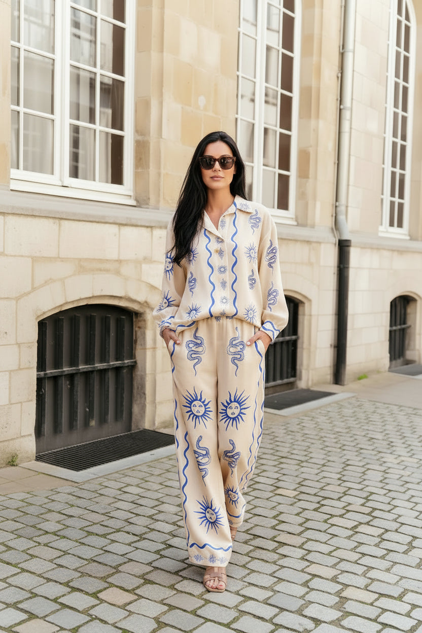 luna blanca celestial moon and star print linen set – laylada linen set