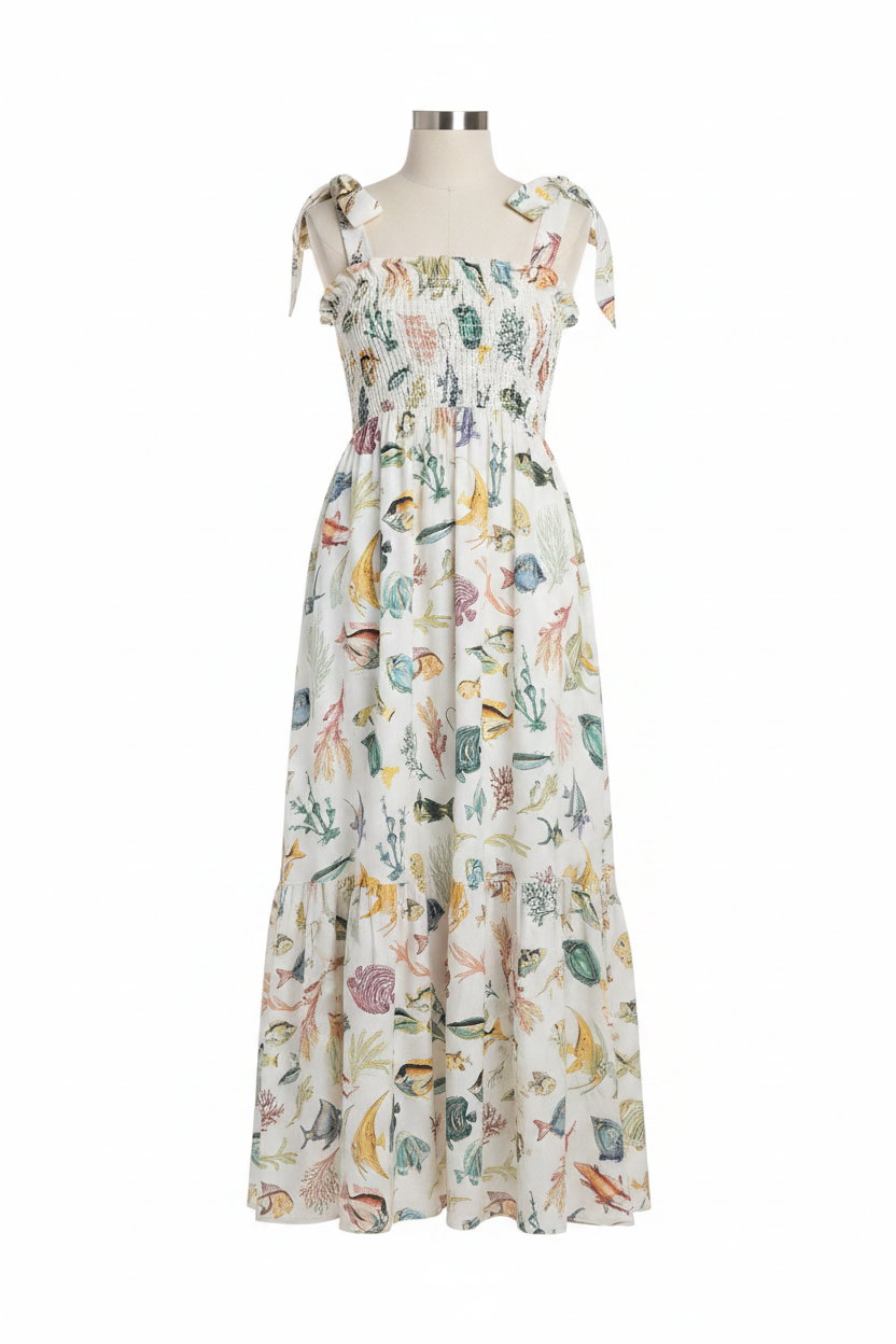 vestido marisol sea print smocked midi dress with tie straps – laylada midi dress