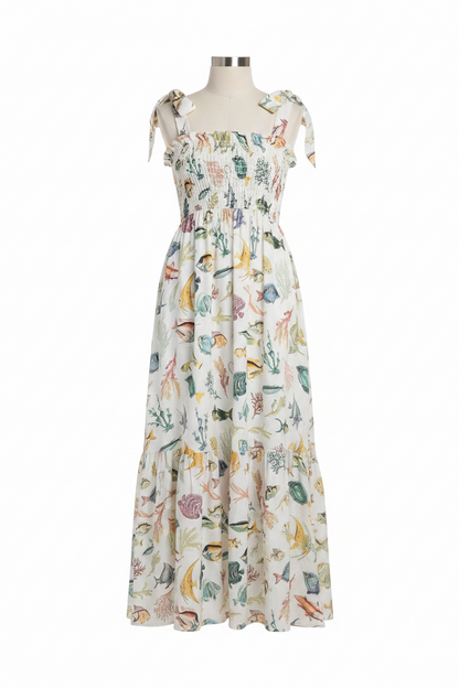 Vestido Marisol sea print smocked midi dress with tie straps – LAYLADA midi dress