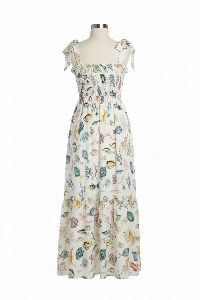 vestido marisol sea print smocked midi dress with tie straps – laylada midi dress