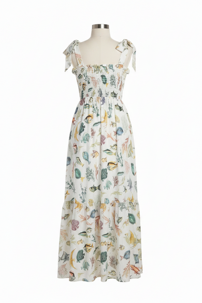 Vestido Marisol sea print smocked midi dress with tie straps – LAYLADA midi dress