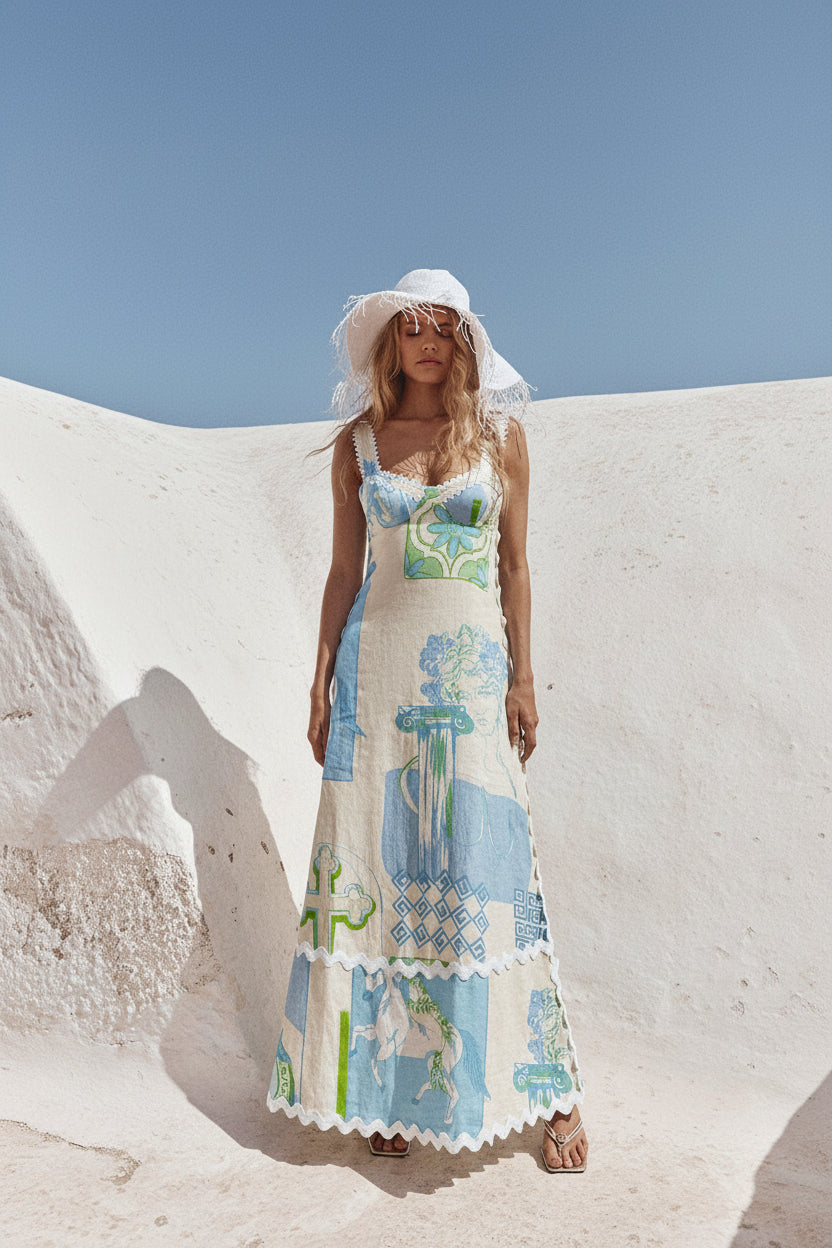 Santorini Greek motif linen-blend maxi dress – LAYLADA maxi dress