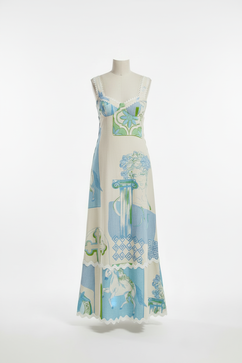 santorini greek motif linen-blend maxi dress – laylada maxi dress