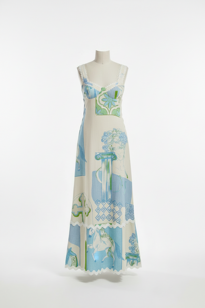 Santorini Greek motif linen-blend maxi dress – LAYLADA maxi dress