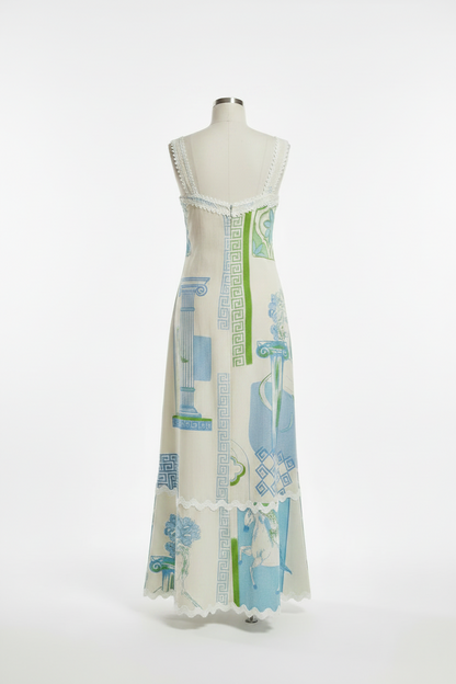 Santorini Greek motif linen-blend maxi dress – LAYLADA maxi dress