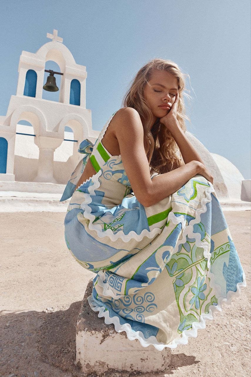Santorini Greek motif linen-blend maxi dress – LAYLADA maxi dress