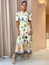 Vestido Havana Puff-Sleeve Midi Dress – Tropical Fruit Print