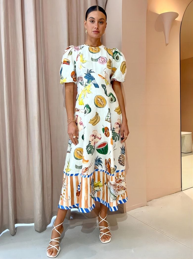 vestido havana tropical fruit print puff-sleeve midi dress – laylada midi dress