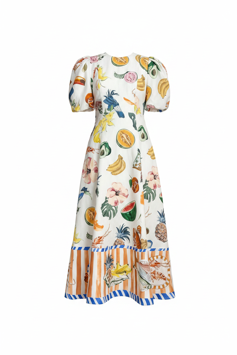 vestido havana tropical fruit print puff-sleeve midi dress – laylada midi dress