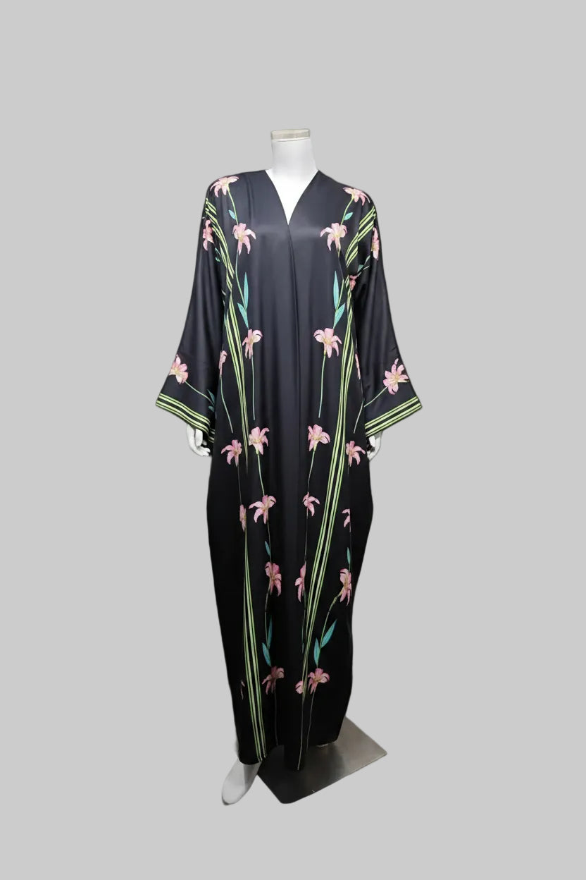 nocturna floral black floral embroidered abaya with navy hijab – laylada abaya