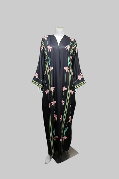 NOCTURNA FLORAL black floral embroidered abaya with navy hijab – LAYLADA abaya